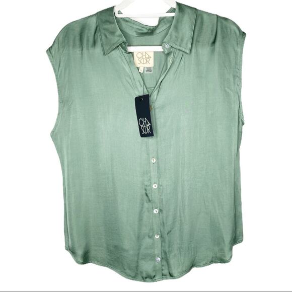 Chaser Green Silky Cap Sleeve Button Down Blouse Medium - Picture 2 of 7
